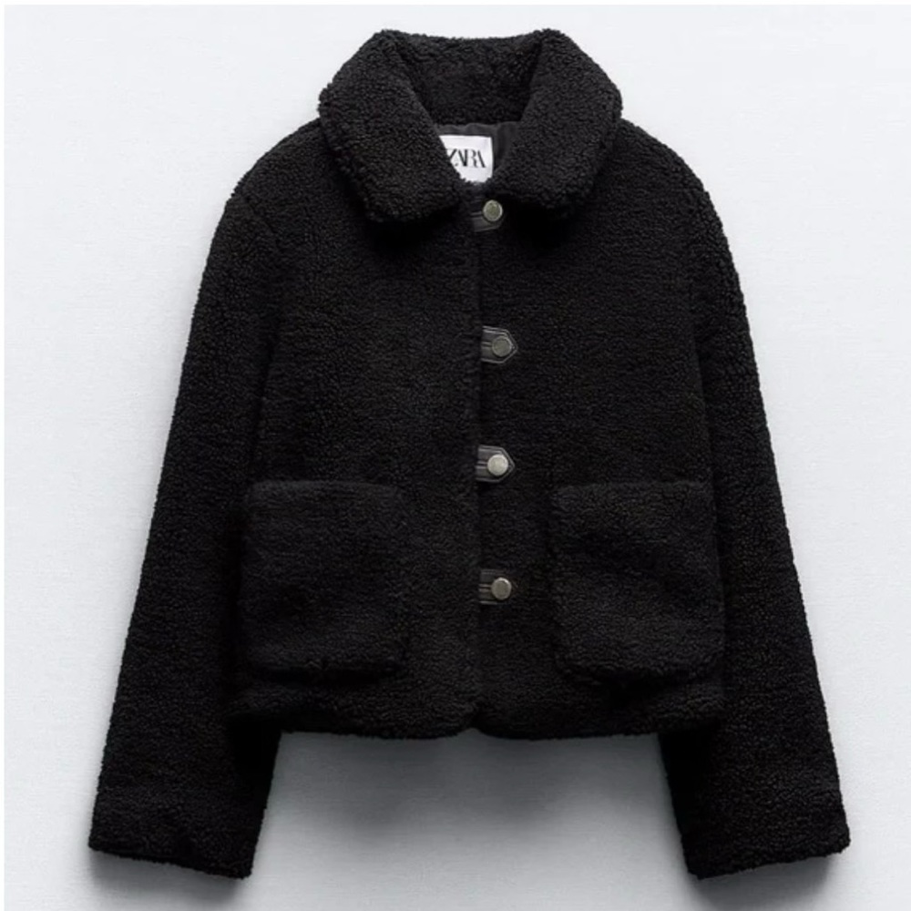 Zara fleece jacket faux Sherpa shearling teddy coat black medium M  8741/223